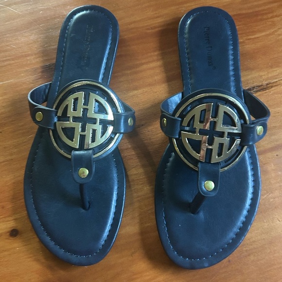 Pierre Dumas Colored Flat Sandals 7.5 Navy PU Flip Flop Thongs Gold - Picture 1 of 6